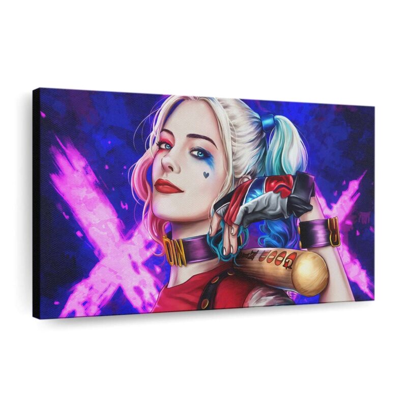 Harley Quinn Leinwandbild – Popkultur trifft auf Wandkunst a painting of a woman with a bat