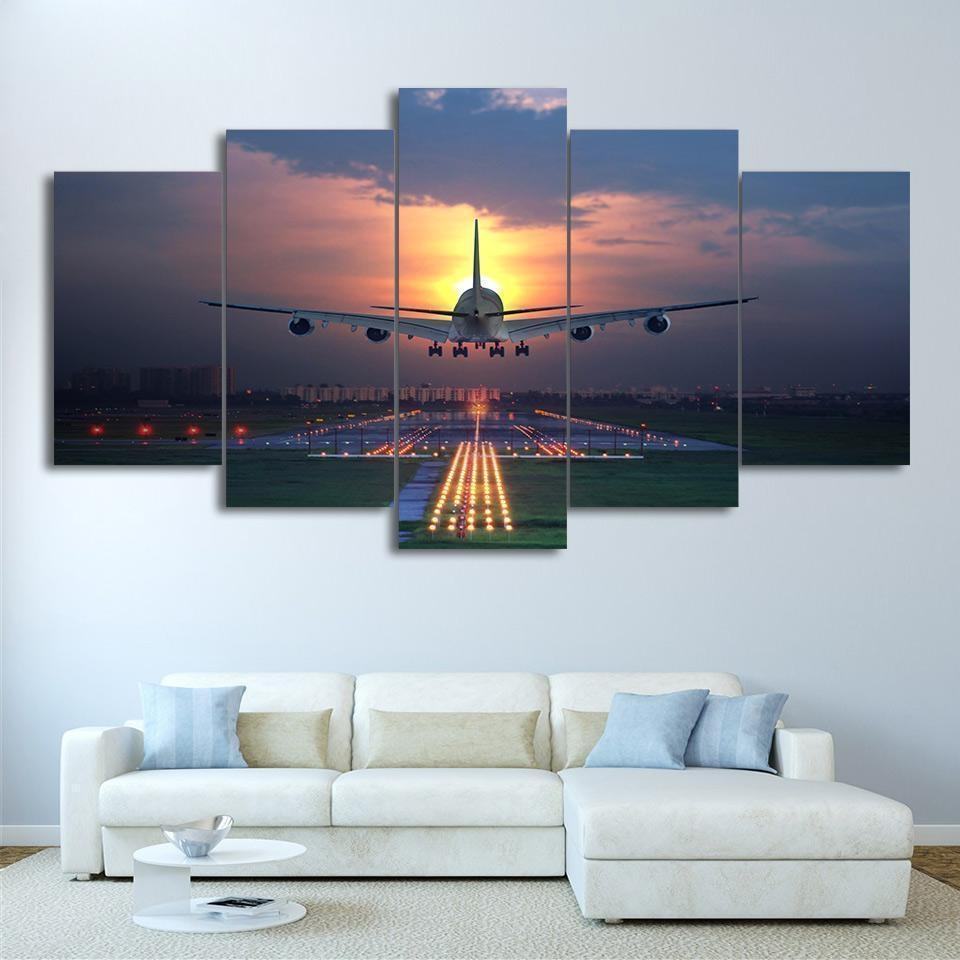Airplane 747 Aviation Landing Sunset Airport Airplane Leinwandbilder Kunstdrucke Rahmen