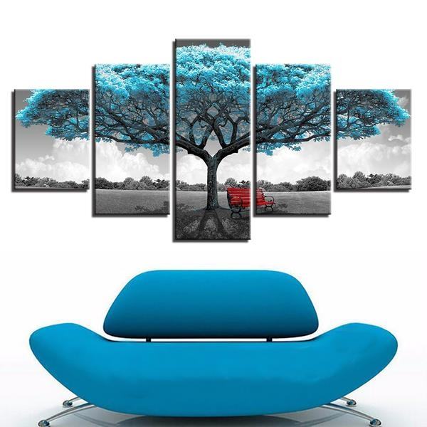 Blue Big Teal Blue Tree Red Chair Nature Leinwandbilder Kunstdrucke  