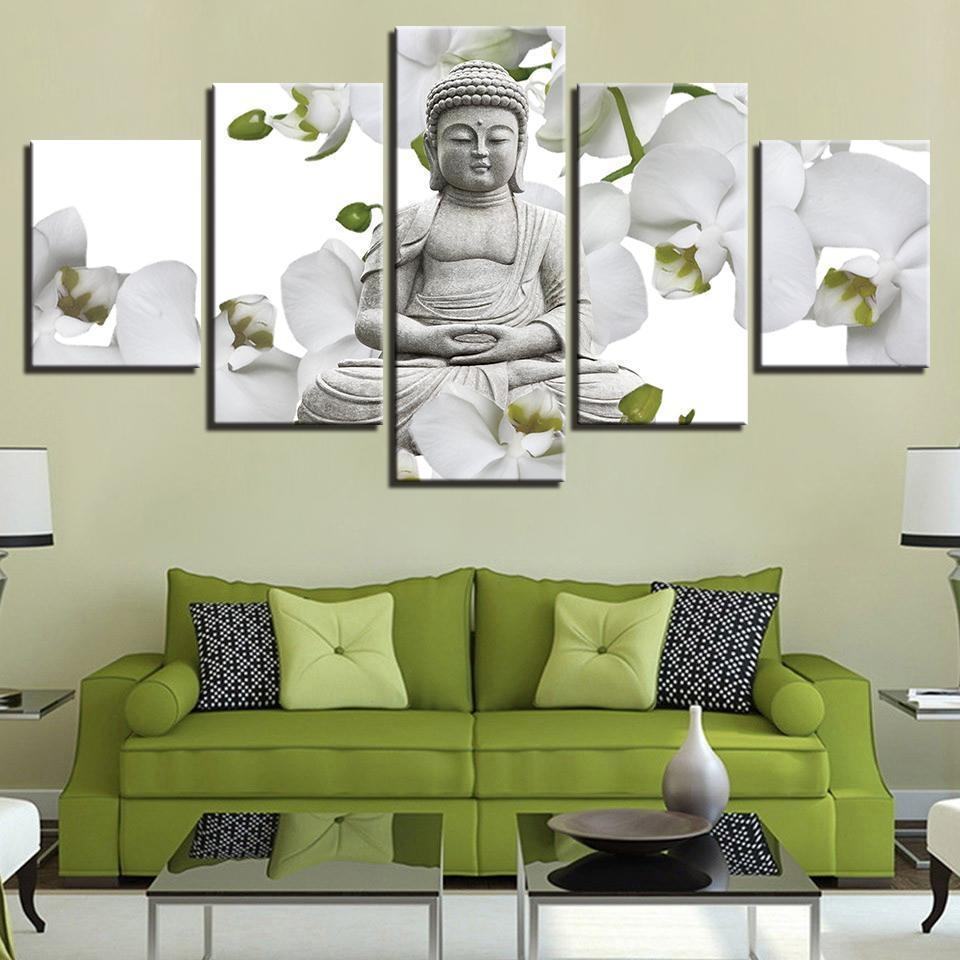 Buddha And Flower White Butterfly Orchid Religion Leinwandbilder Kunstdrucke Rahmen
