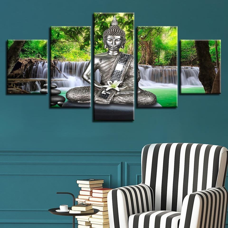 Buddha Meditation And Lilies Waterfall Religion Leinwandbilder Kunstdrucke Rahmen