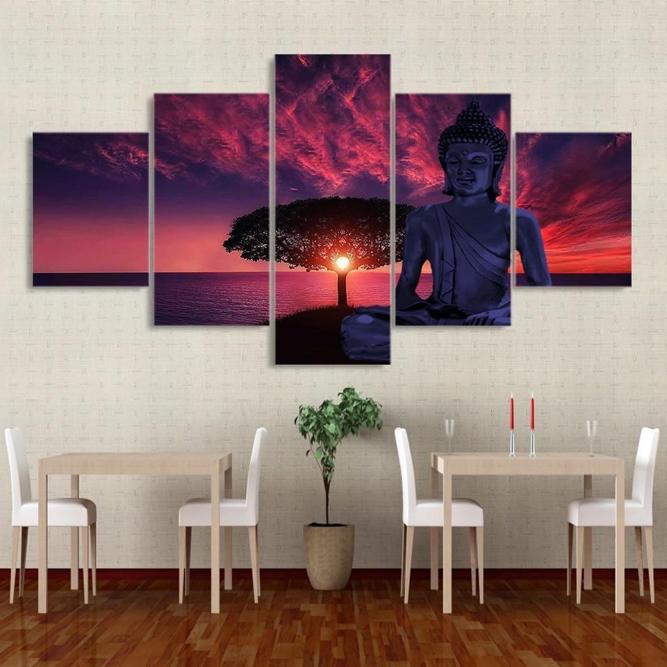 Buddha Statue Sunset Rosy Clouds Religion Leinwandbilder Kunstdrucke Rahmen
