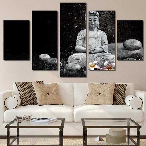 Buddha Stones And Flowers Black And White Religion Leinwandbilder Kunstdrucke Rahmen
