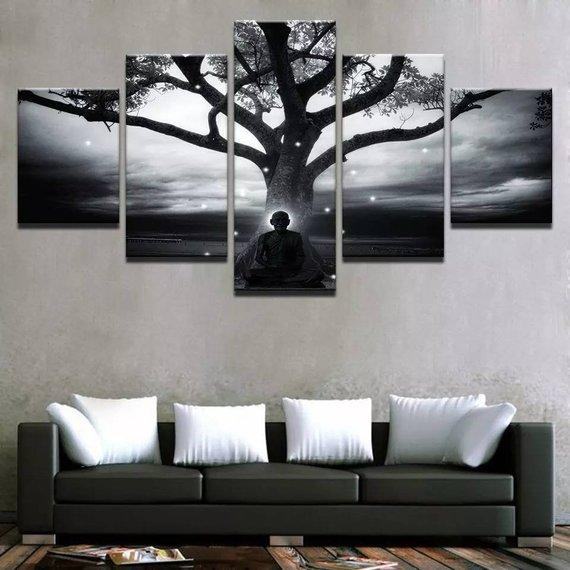 Buddha Tree Meditation Split Religion Leinwandbilder Kunstdrucke Rahmen