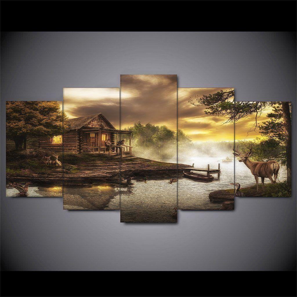 Cabin On The Lake Deer Nature River Nature Leinwandbilder Kunstdrucke Rahmen