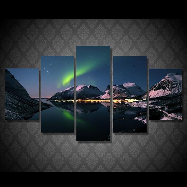 dazzling northern lights aurora mountain reflection over lake nature leinwandbilder kunstdrucke 8836