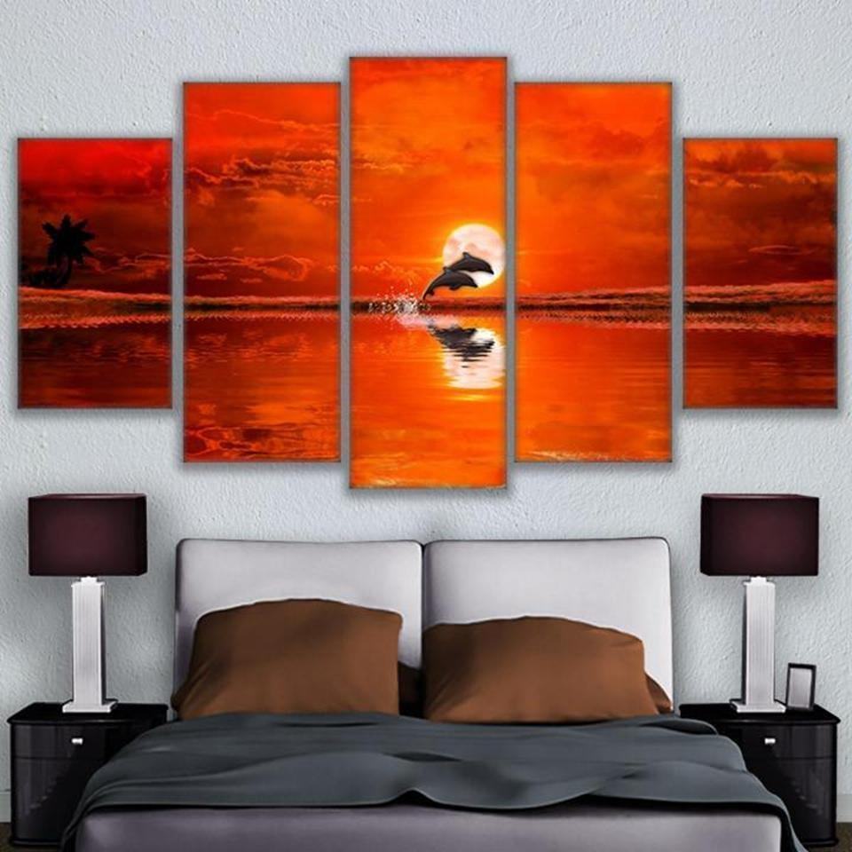 Dolphin Sun Flaming Sunset Leaping Porpoises Animal Leinwandbilder Kunstdrucke Rahmen