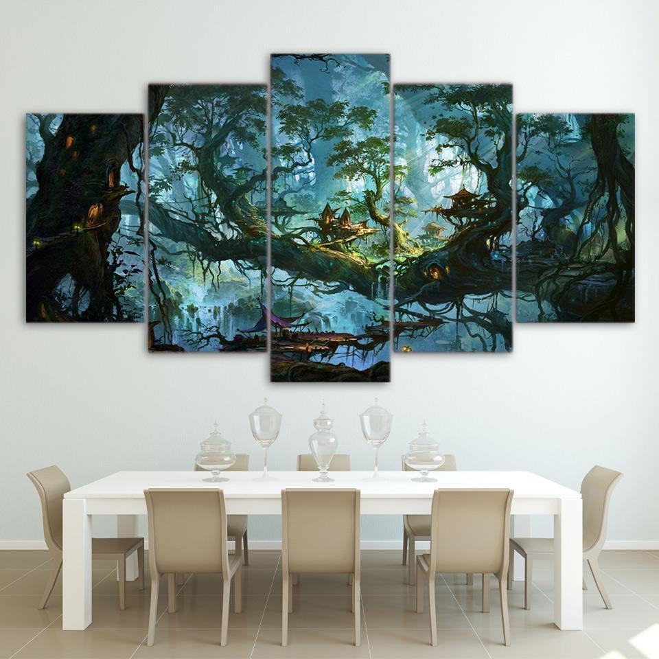 Fantasy Houses Magic Forest Night Tree Nature Leinwandbilder Kunstdrucke  