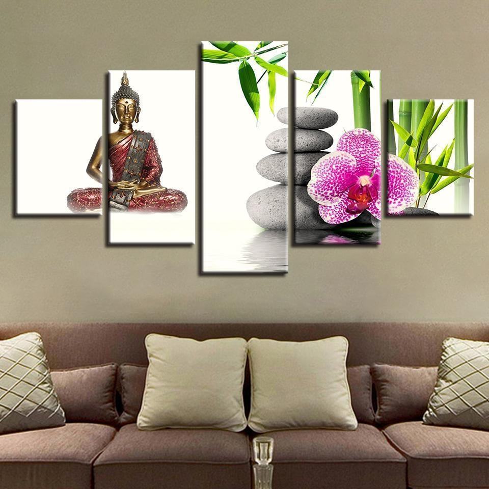 figure of buddha flowers bamboo religion leinwandbilder kunstdrucke rahmen 7522