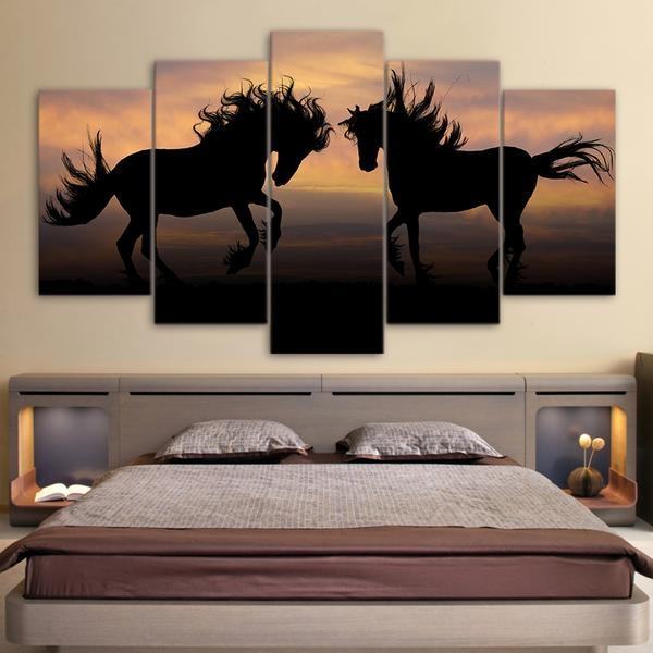 Galloping Black Horses Silhouette Sunset Modern Animal Leinwandbilder Kunstdrucke  