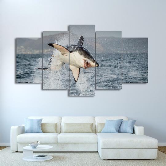 great white shark jumping breach air jaws ocean leinwandbilder kunstdrucke 5818