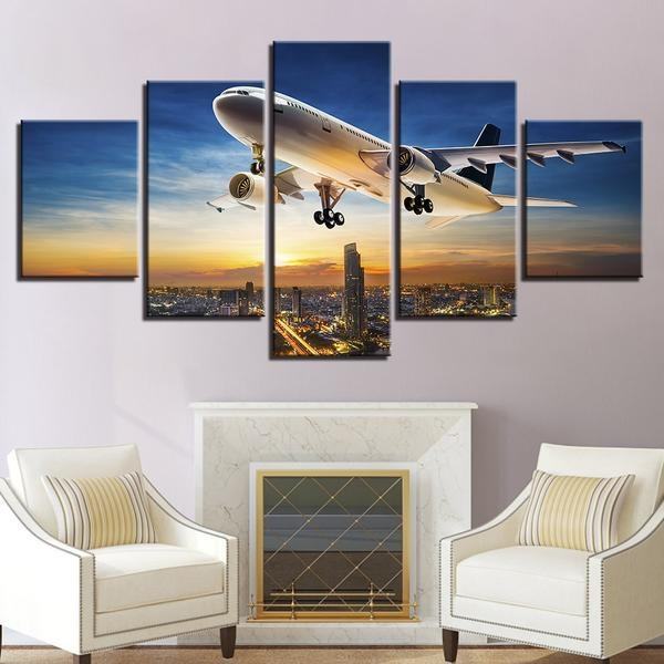 Jet Aircraft Sunset Landing Landscap Airplane Leinwandbilder Kunstdrucke  