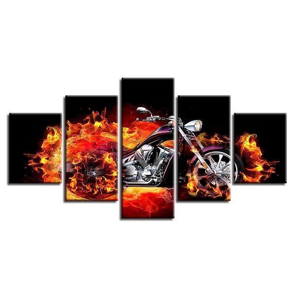Motorsport Leinwandbild Motorrad Feuer – abstraktes Rennsport Wandbild für Wohnzimmer und Gaming-Zimmer