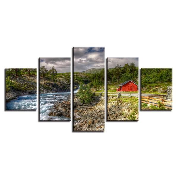 Mountain Trees Stream River Red Barn Landscape Nature Leinwandbilder Kunstdrucke  