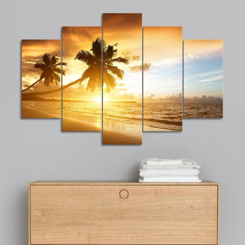 Palm Trees Sunset And The Sandy Beach Nature Leinwandbilder Kunstdrucke  