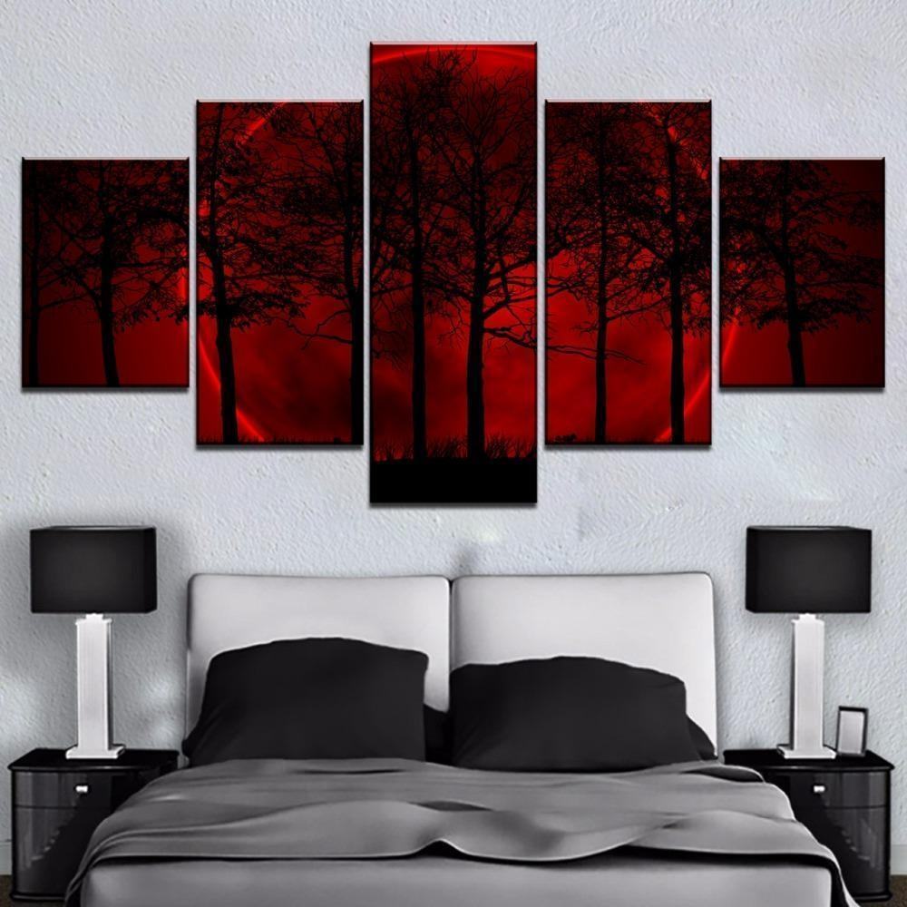 Red Moon Tree Forest Nature Leinwandbilder Kunstdrucke Rahmen