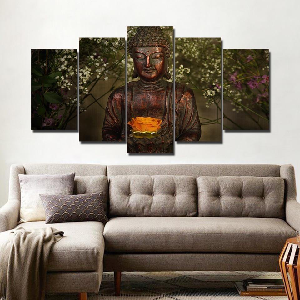 Retro Buddha Statue In Flower Religion Leinwandbilder Kunstdrucke Rahmen