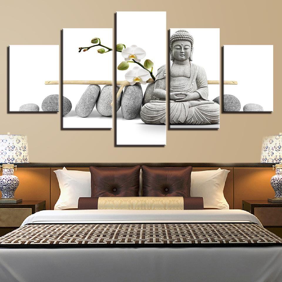 Statue Of Buddha With White Moth Orchid Religion Leinwandbilder Kunstdrucke Rahmen