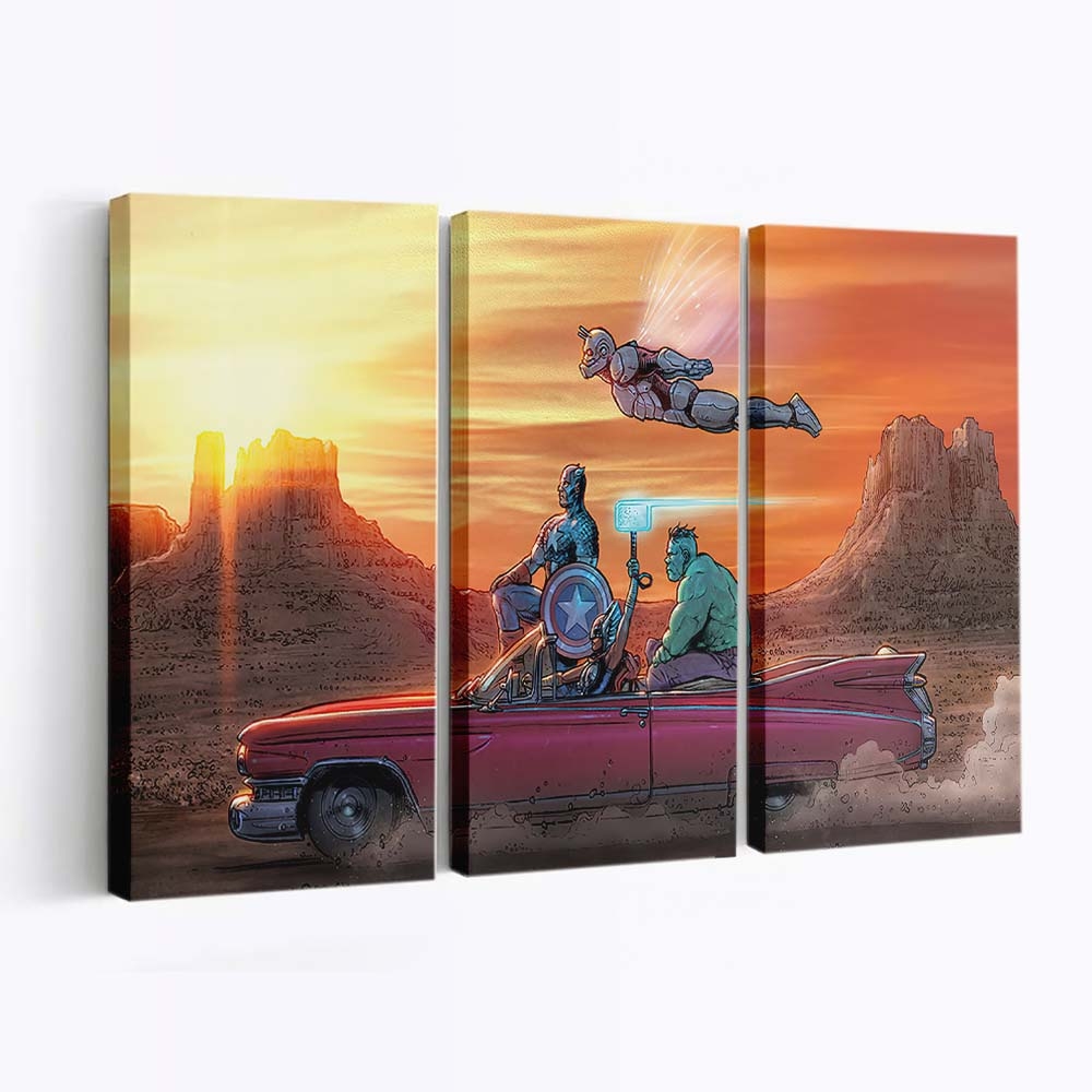 Marvel Helden auf Oldtimern Leinwandbild – Marvel Wandbild & Wanddeko