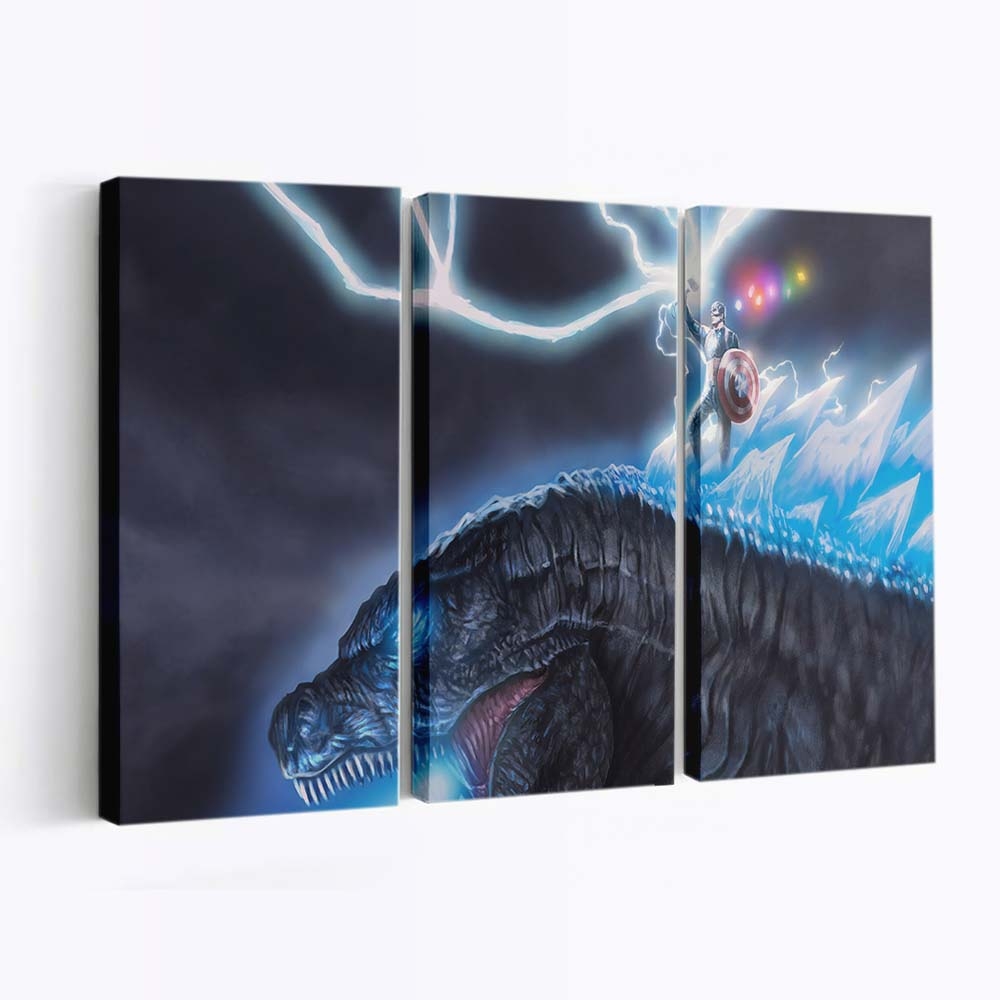 Captain Amerika auf Godzilla Leinwandbild - Marvel Wanddeko