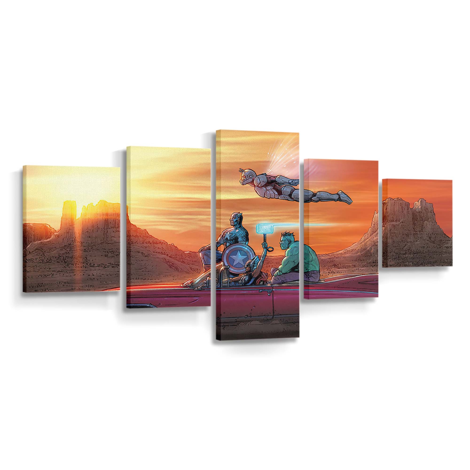 Marvel-Helden auf Oldtimer Leinwandbild - Marvel Wanddeko