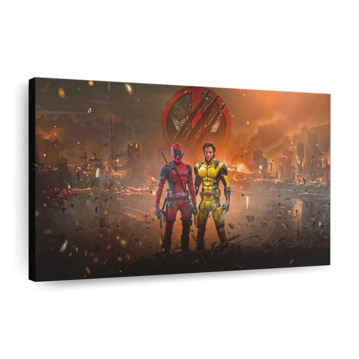 Deadpool und Wolverine in einer brennenden Stadt Leinwandbild - Marvel Wanddeko