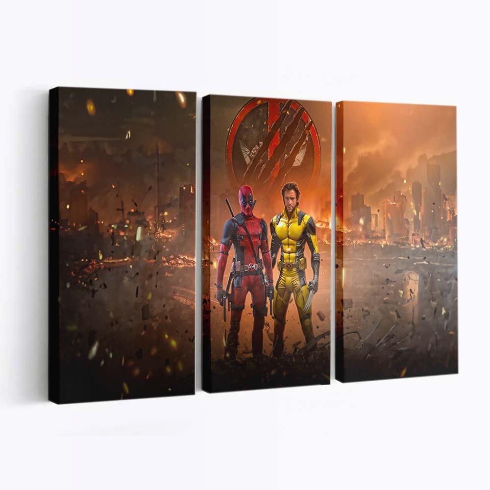 Deadpool und Wolverine in einer brennenden Stadt Leinwandbild - Marvel Wanddeko