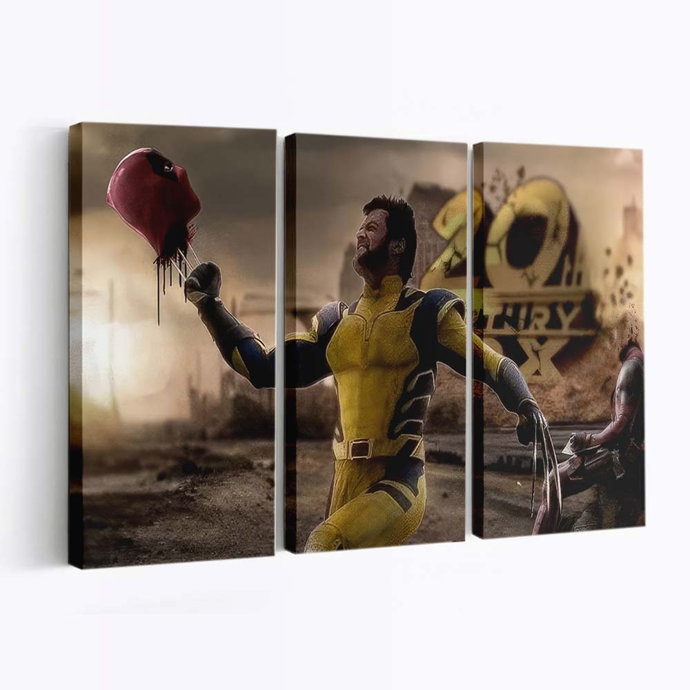 Wolverine stellt sich Deadpool, der durchs Chaos schneidet Leinwandbild - Marvel Wanddeko