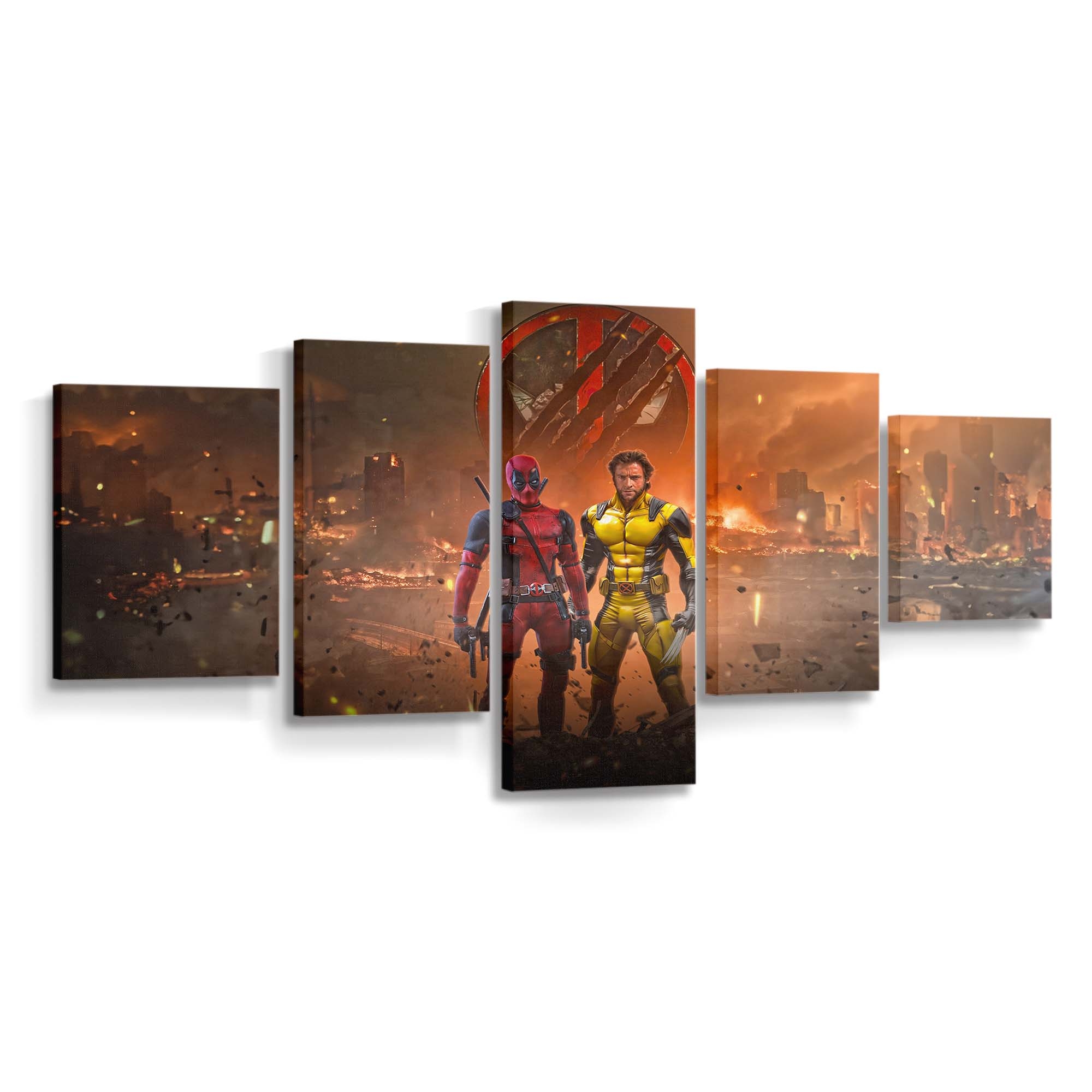 Deadpool und Wolverine in einer brennenden Stadt Leinwandbild - Marvel Wanddeko