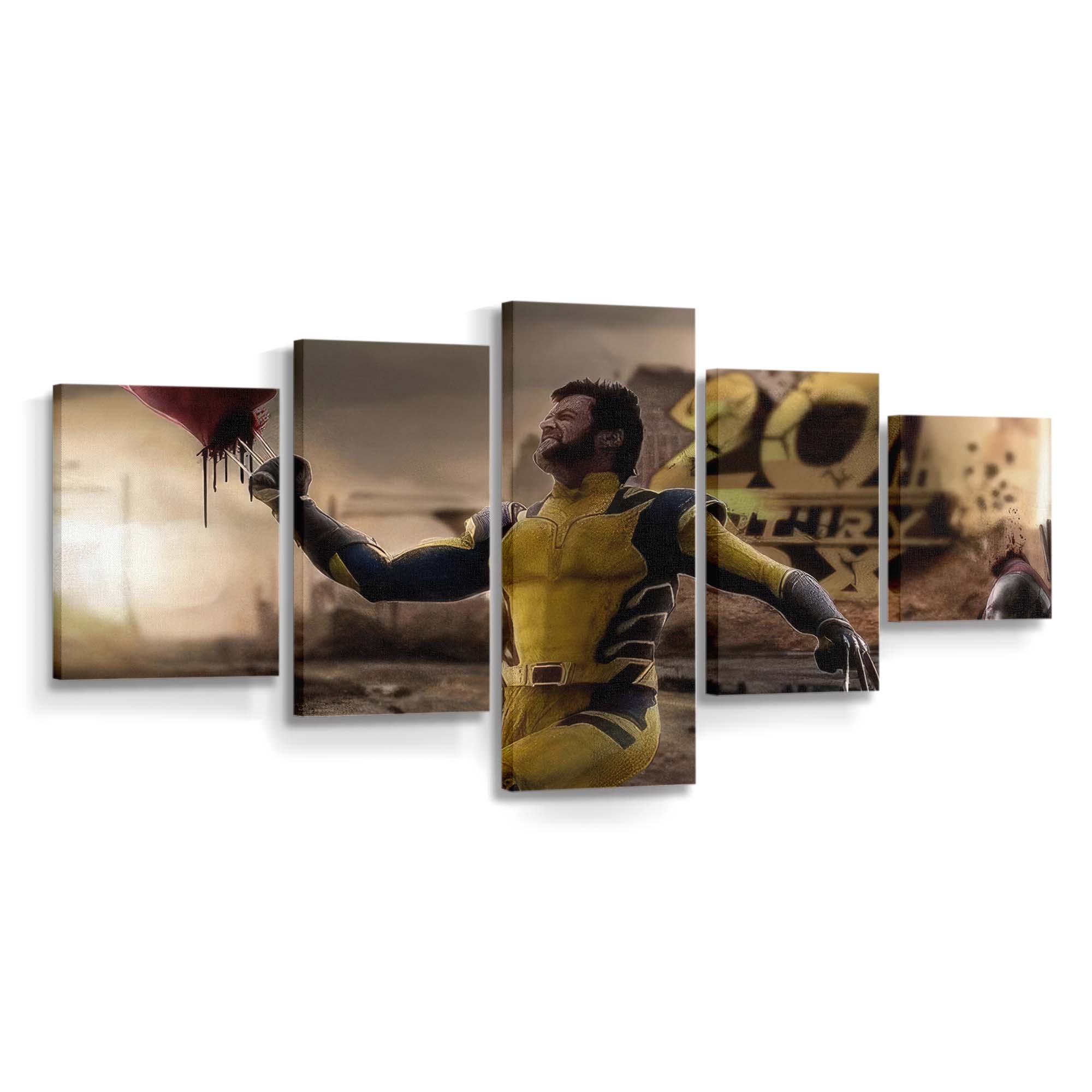 Wolverine stellt sich Deadpool, der durchs Chaos schneidet Leinwandbild - Marvel Wanddeko