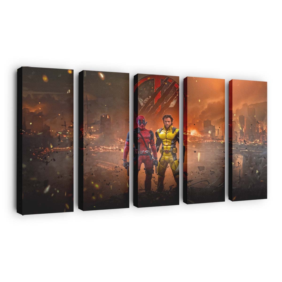 Deadpool und Wolverine in einer brennenden Stadt Leinwandbild - Marvel Wanddeko