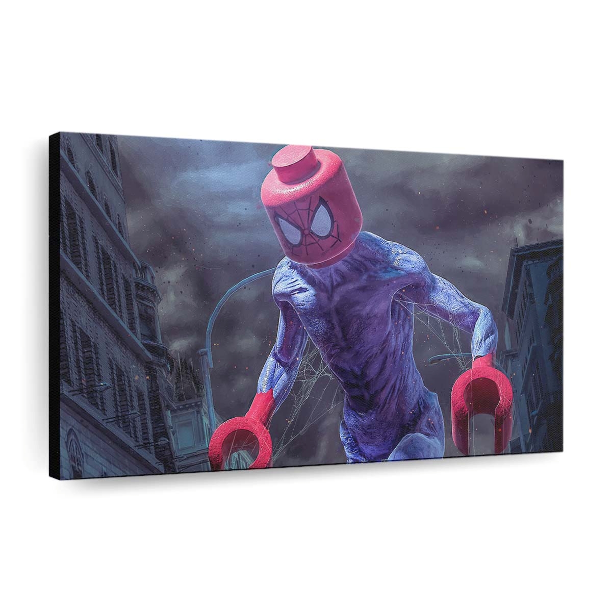 Riesiger Lego Spider Man in der Stadt Leinwandbild - Wanddeko