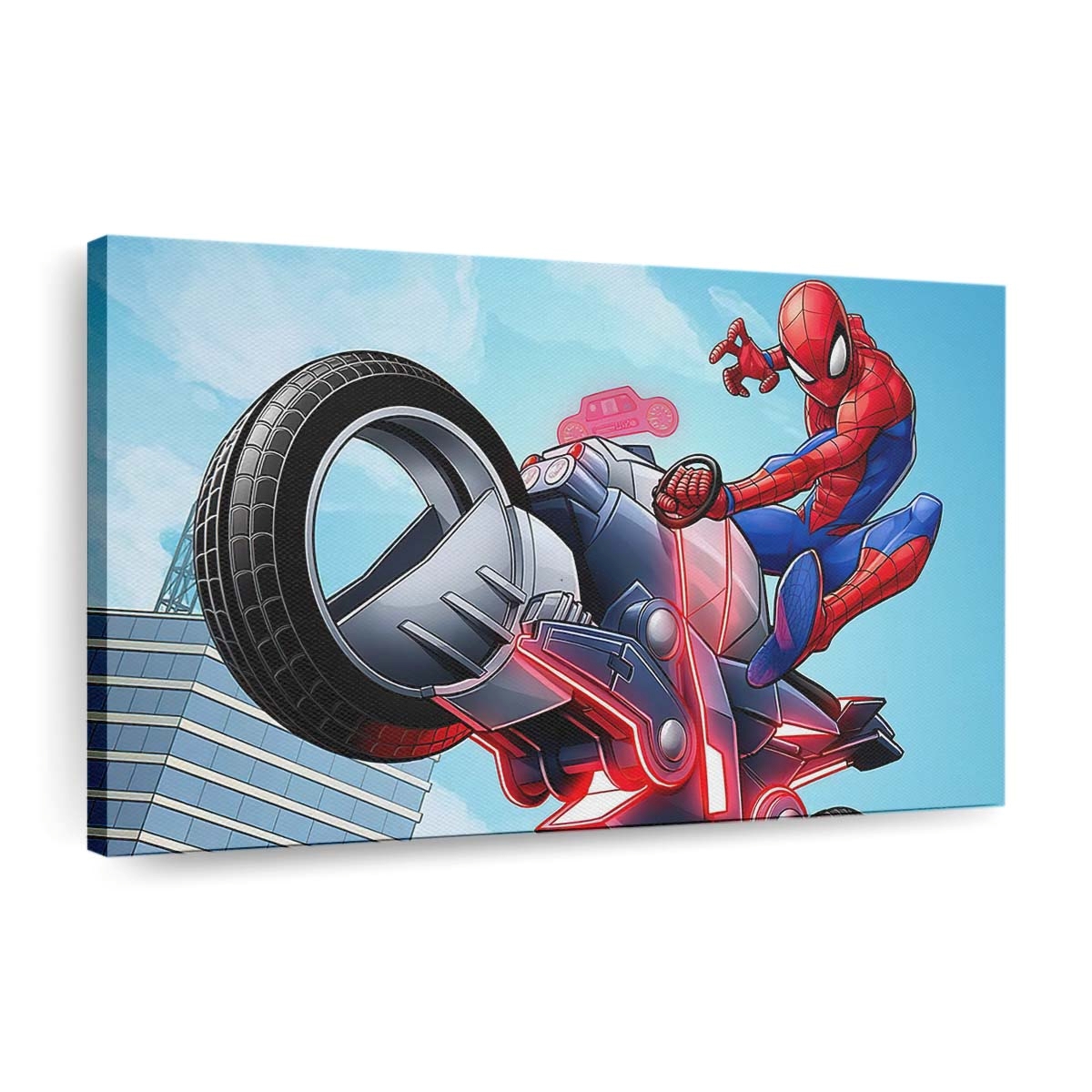 Spider Man On Bike Leinwandbild - Wanddeko