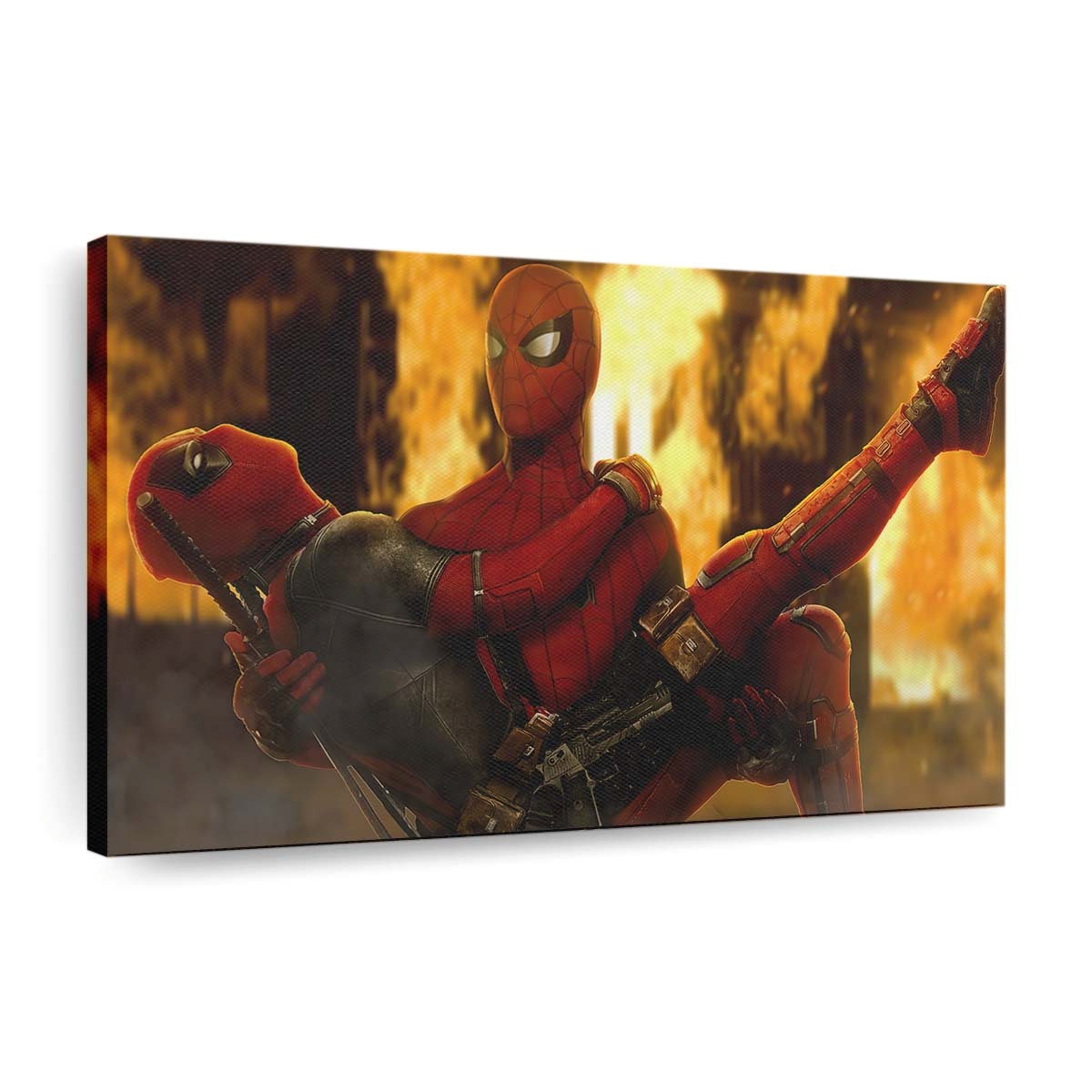 Spider Man hält Deadpool Leinwandbild - Wanddeko