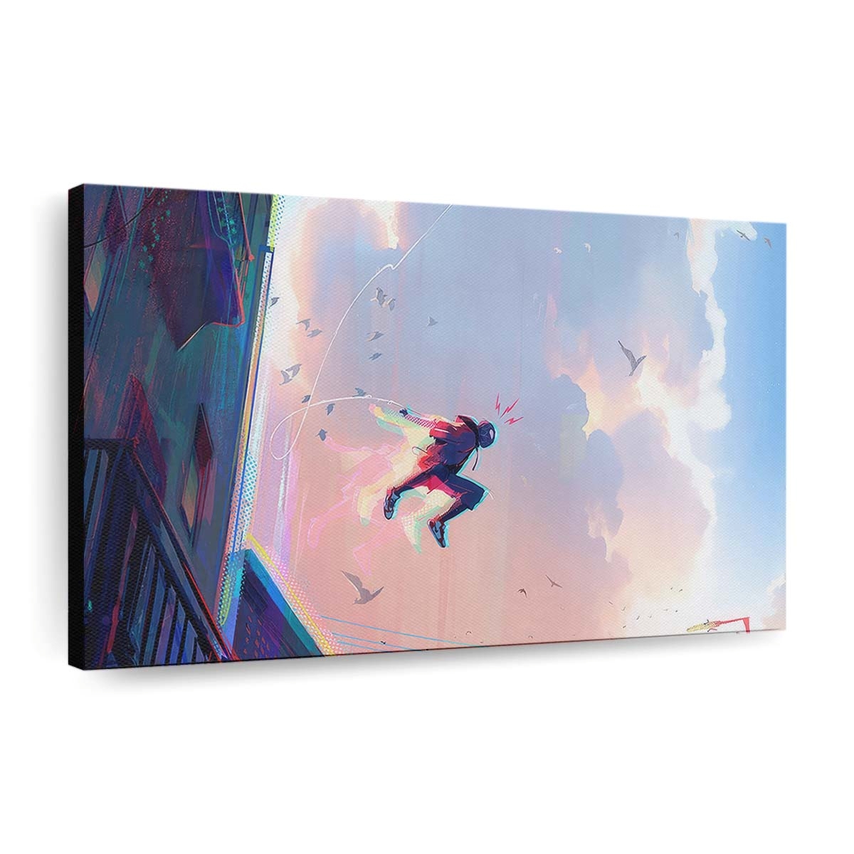 Spider Man springt durch Gebäude Comic Art Leinwandbild - Wanddeko