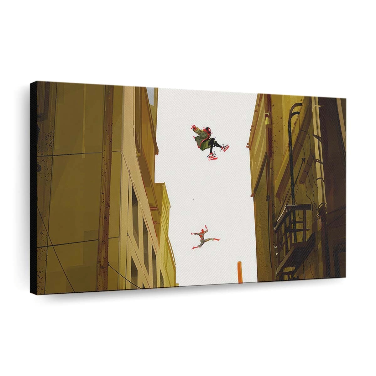 Spider Man springt durch Gebäude Leinwandbild - Wanddeko