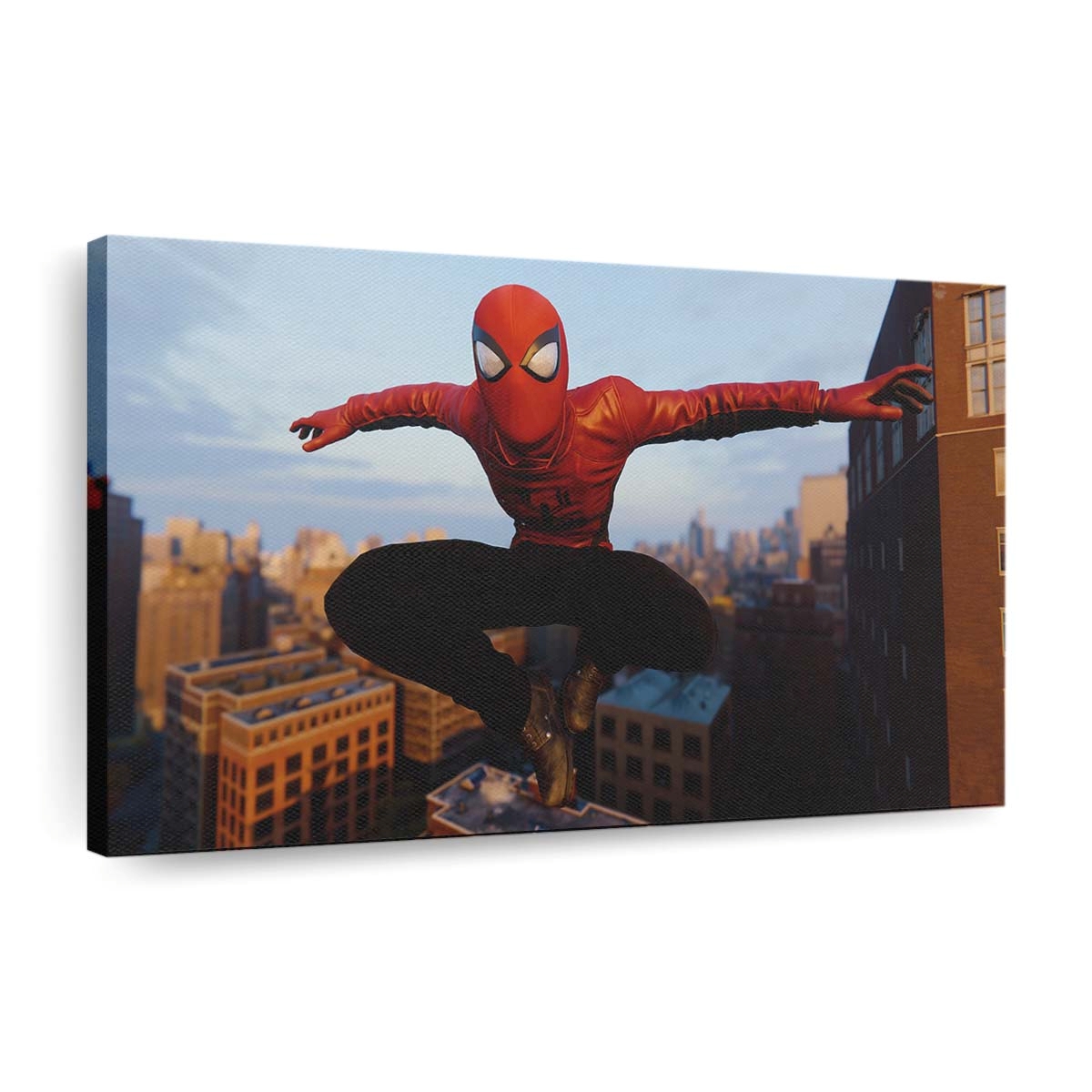 Spider Man springt in roter Spider Jacke Leinwandbild - Wanddeko