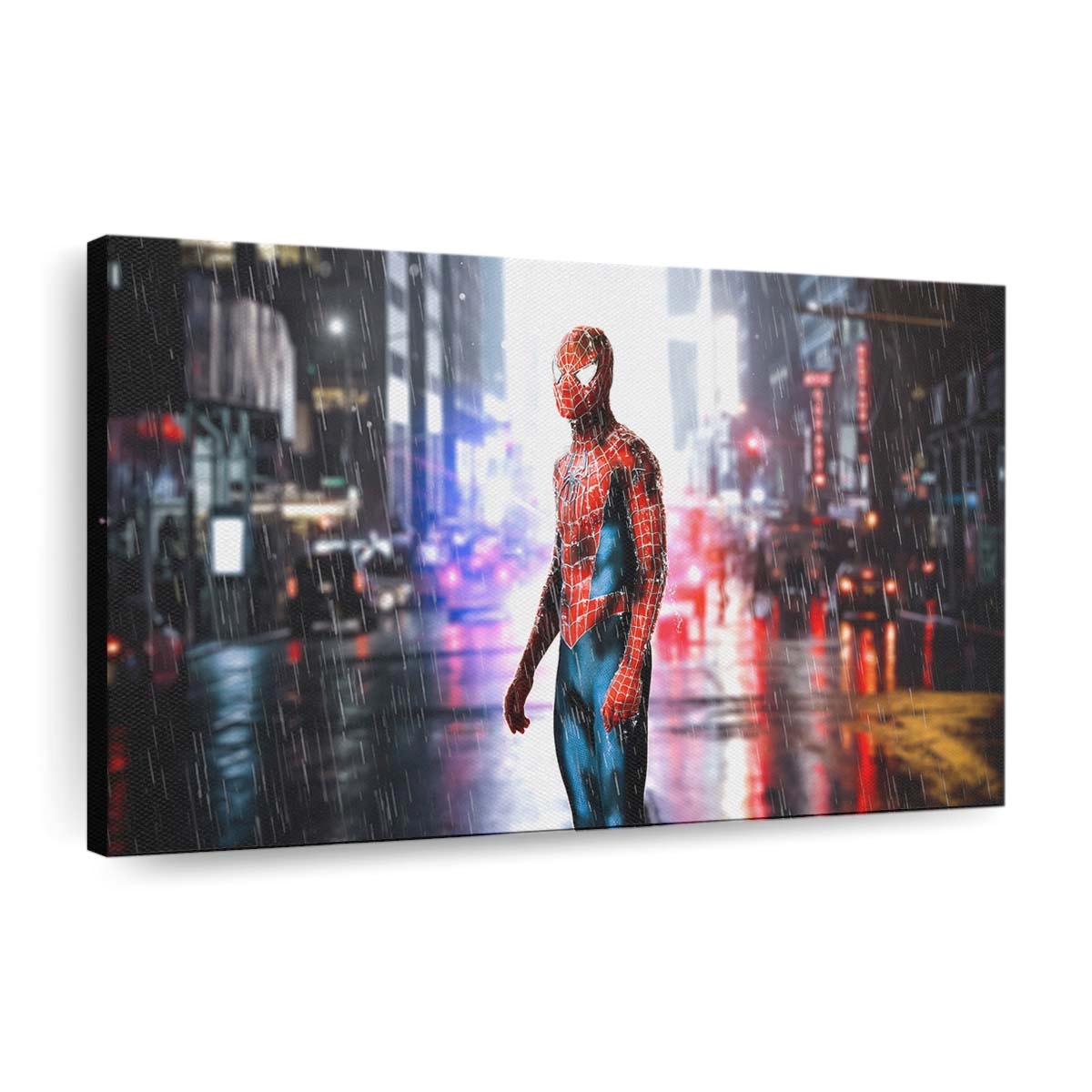 Spider Man steht im Regen Leinwandbild - Wanddeko
