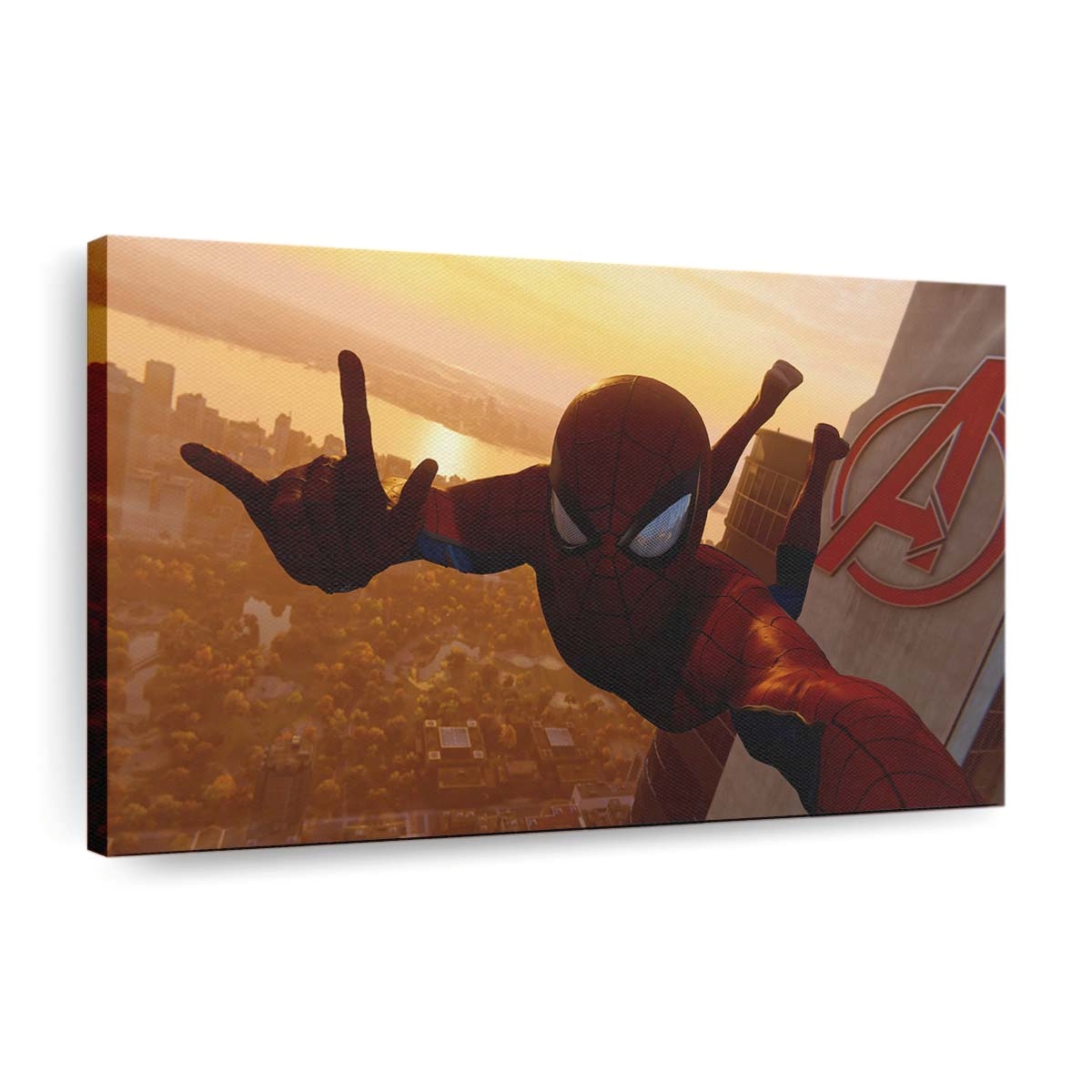 Spider Man macht Selfie vom Avengers Tower Leinwandbild - Wanddeko