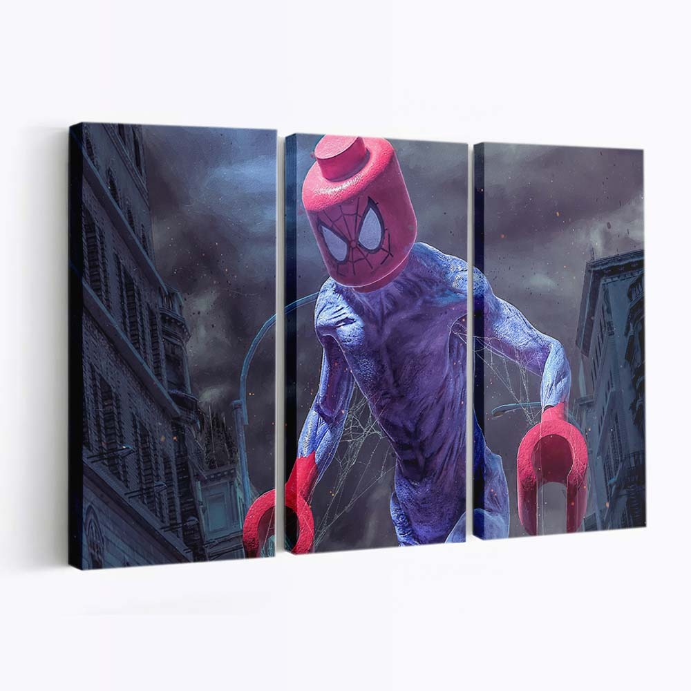 Riesiger Lego Spider Man in der Stadt Leinwandbild - Wanddeko