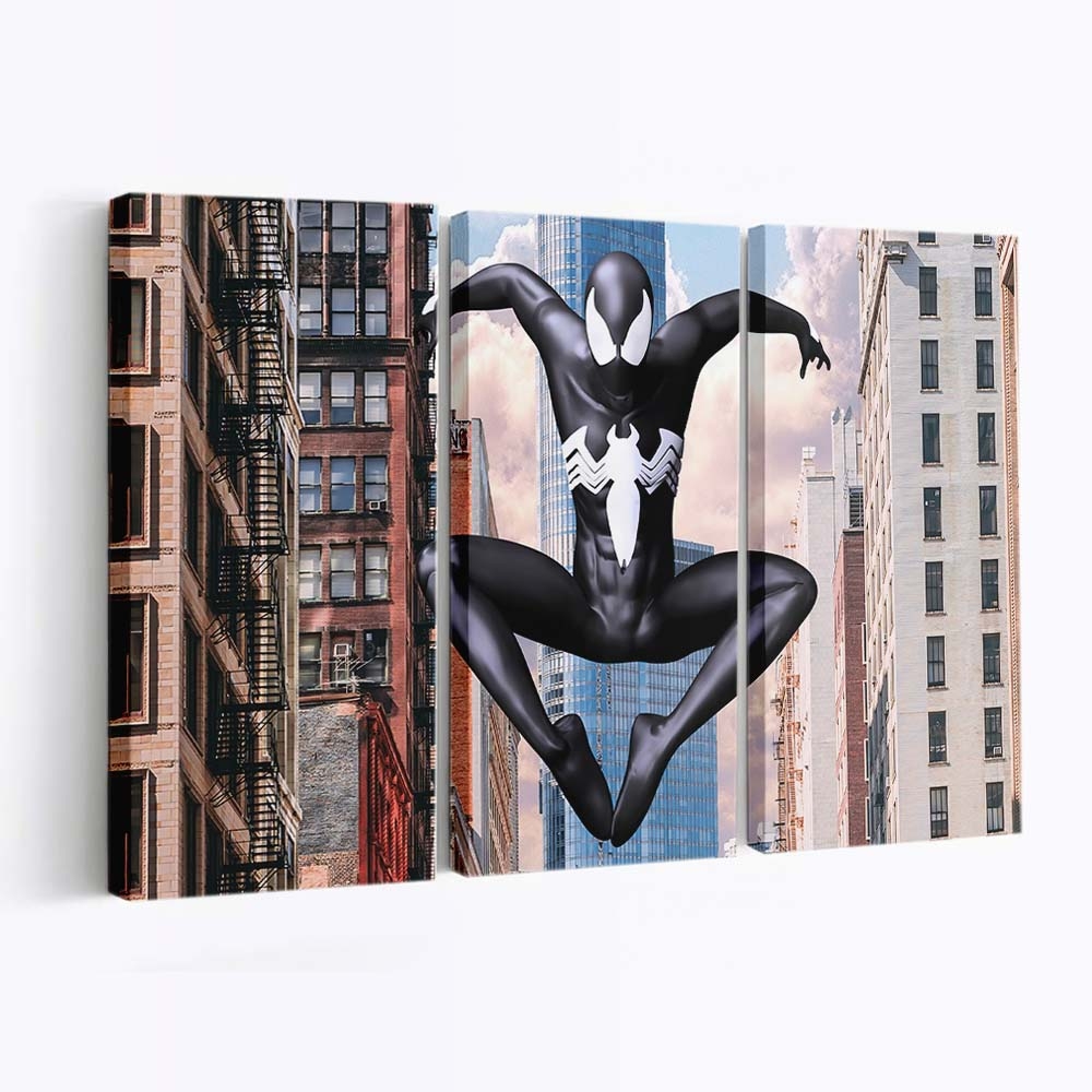 Spider Man schwarzer Anzug in der Stadt Leinwandbild - Wanddeko