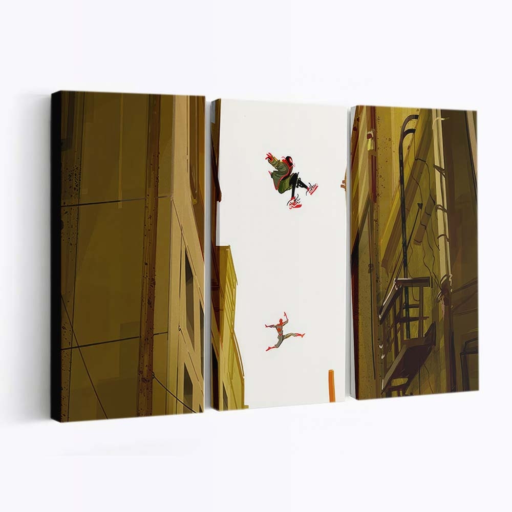 Spider Man springt durch Gebäude Leinwandbild - Wanddeko