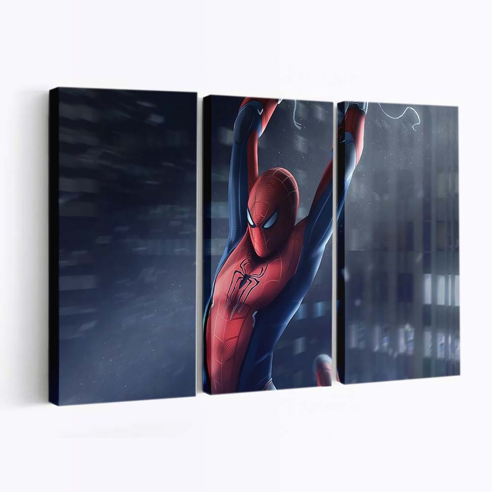 Spider Man schwingt in der Stadt Leinwandbild - Wanddeko