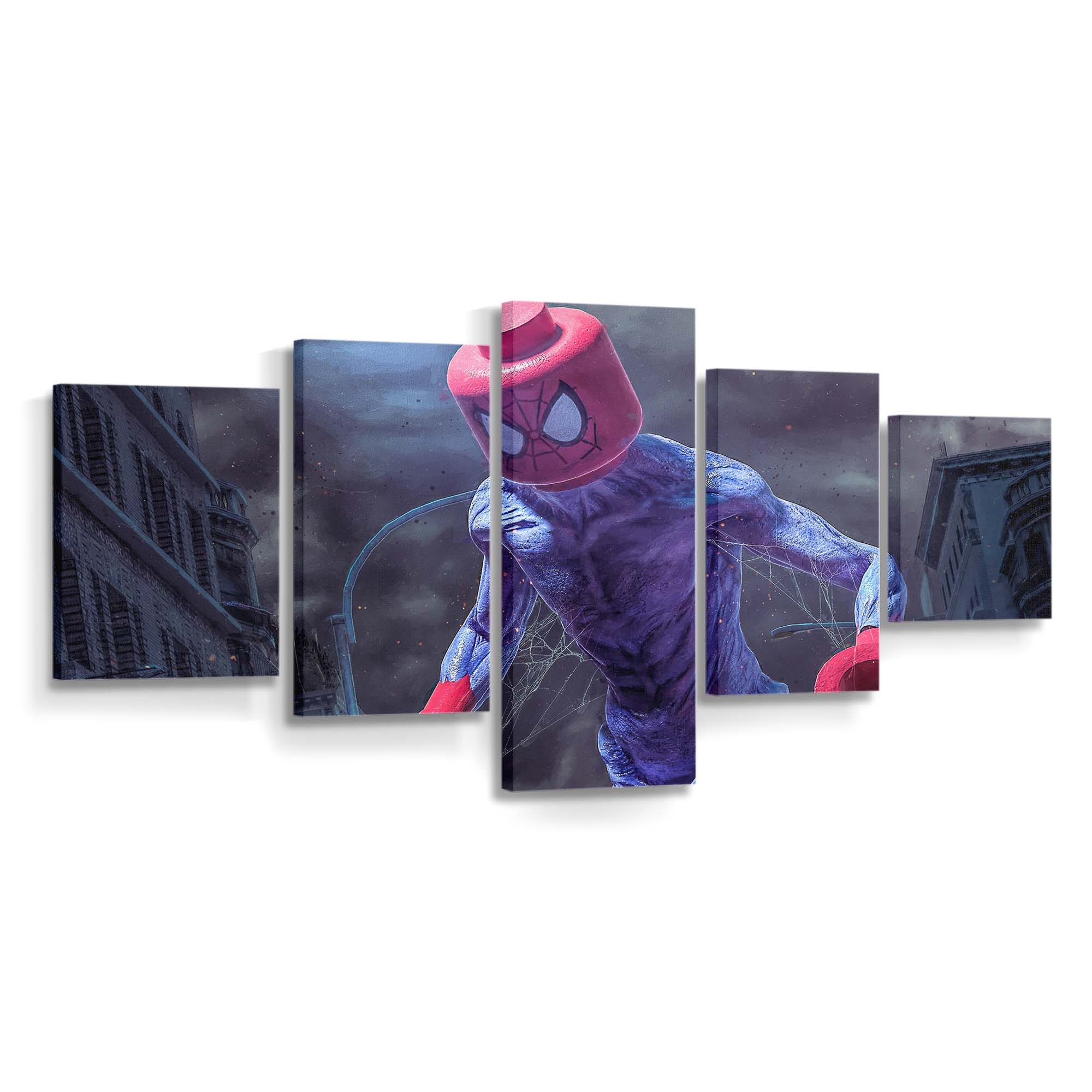 Riesiger Lego Spider Man in der Stadt Leinwandbild - Wanddeko Spider-Man Leinwandbild