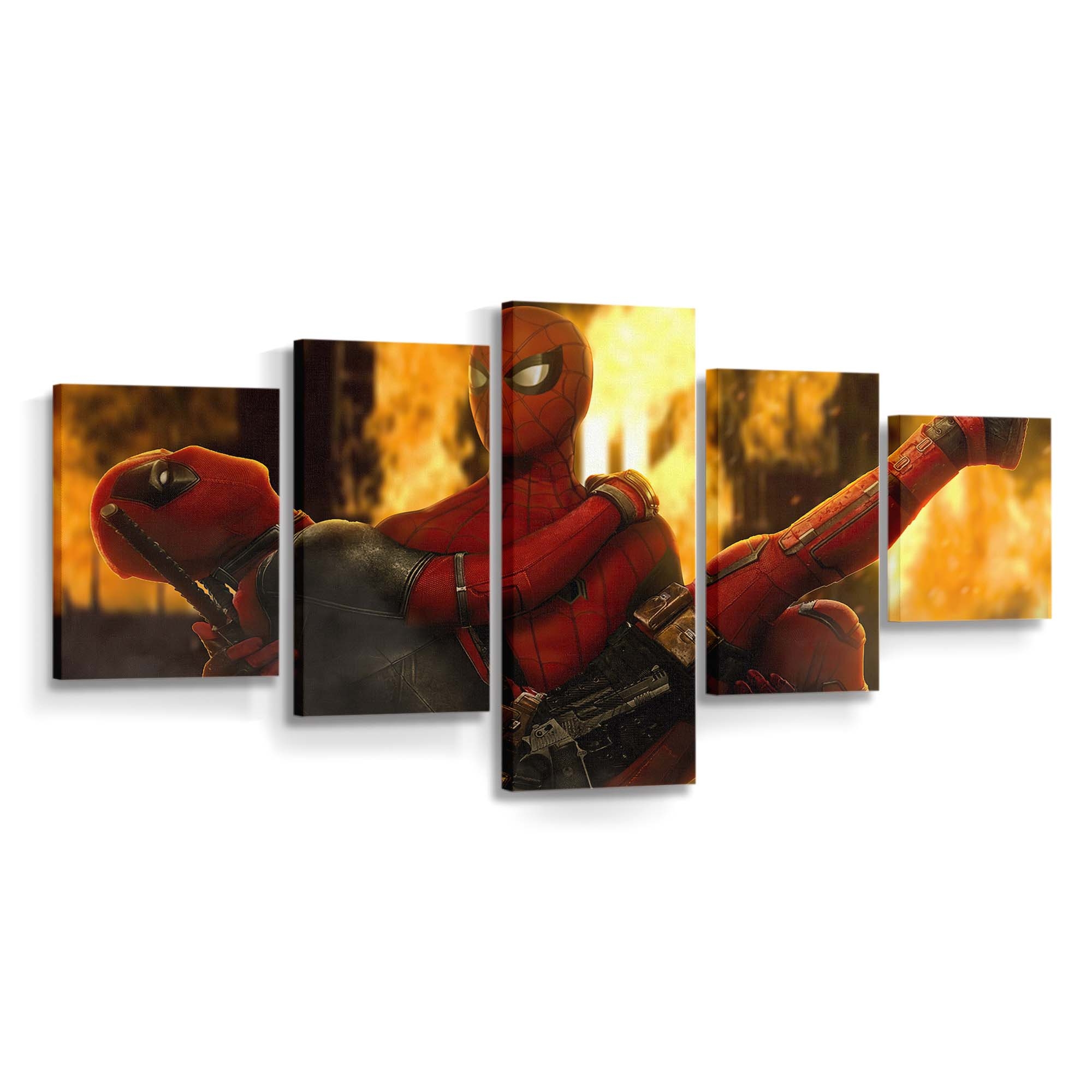 Spider Man hält Deadpool Leinwandbild - Wanddeko Spider-Man Leinwandbild