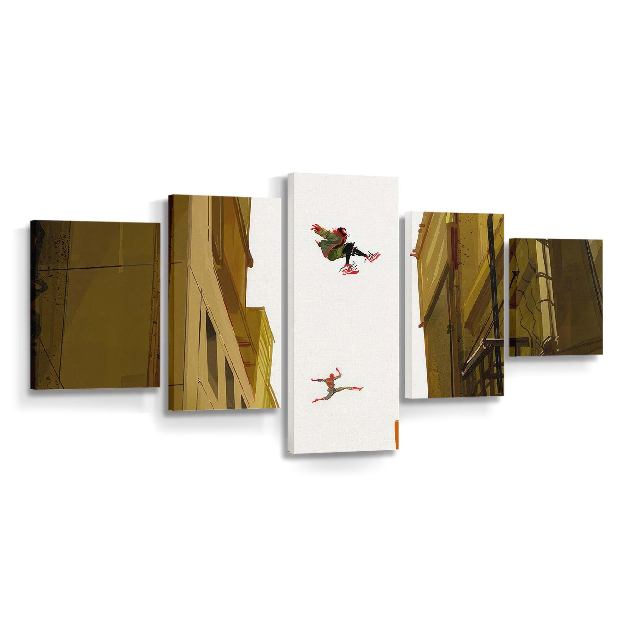 Spider Man springt durch Gebäude Leinwandbild - Wanddeko Spider-Man Leinwandbild