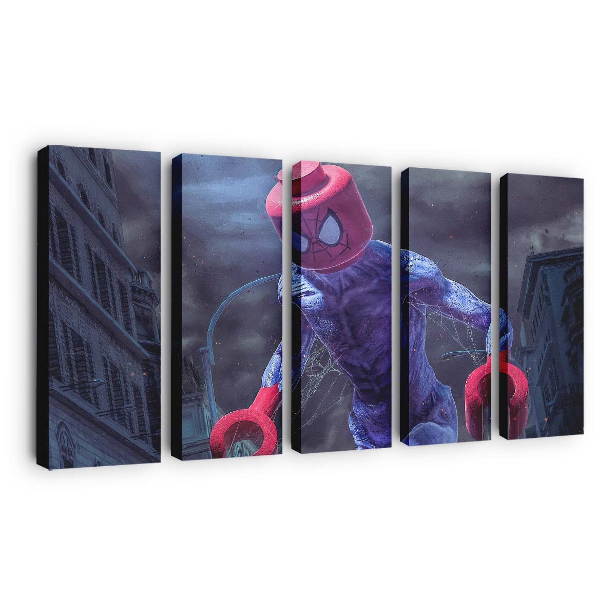 Riesiger Lego Spider Man in der Stadt Leinwandbild - Wanddeko