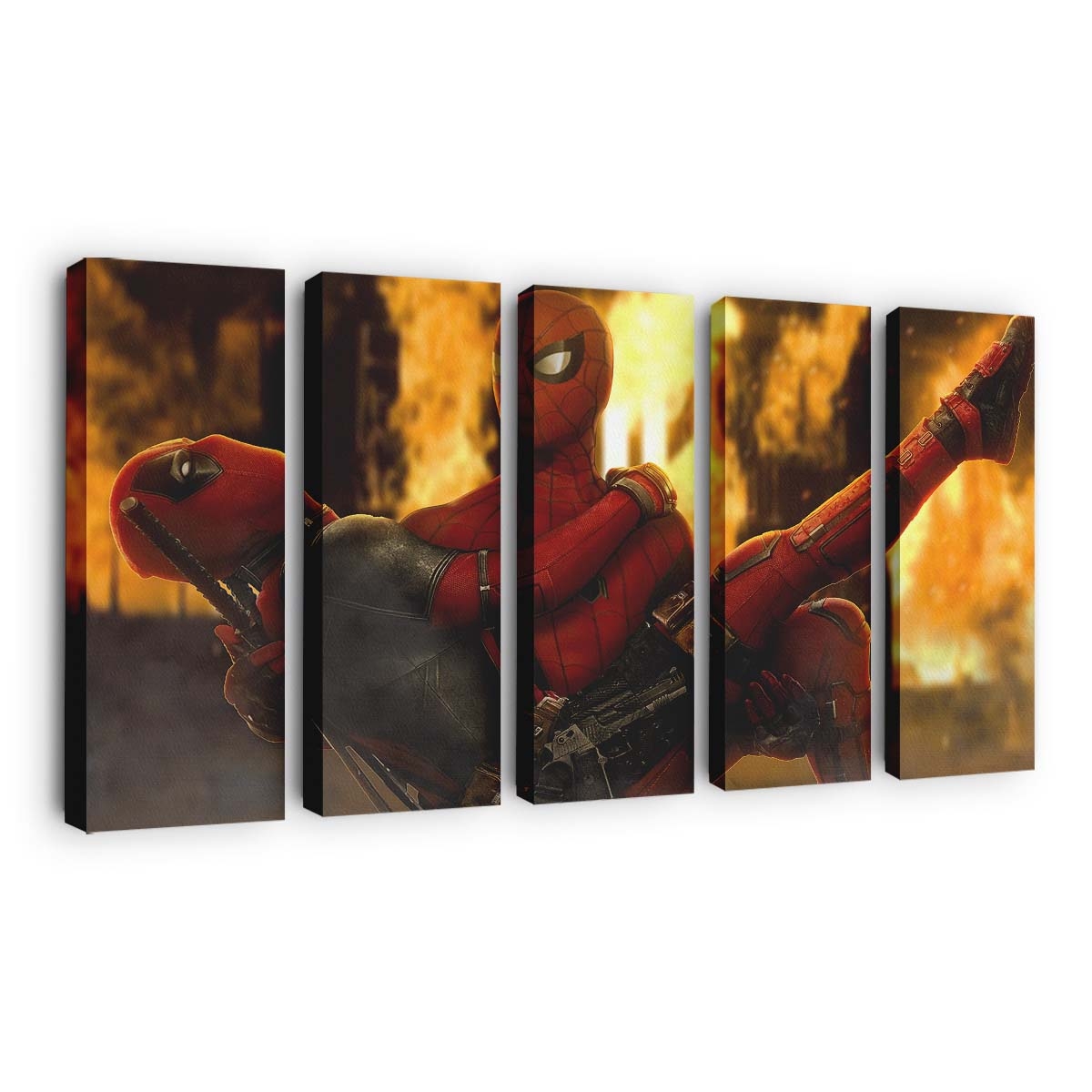 Spider Man hält Deadpool Leinwandbild - Wanddeko