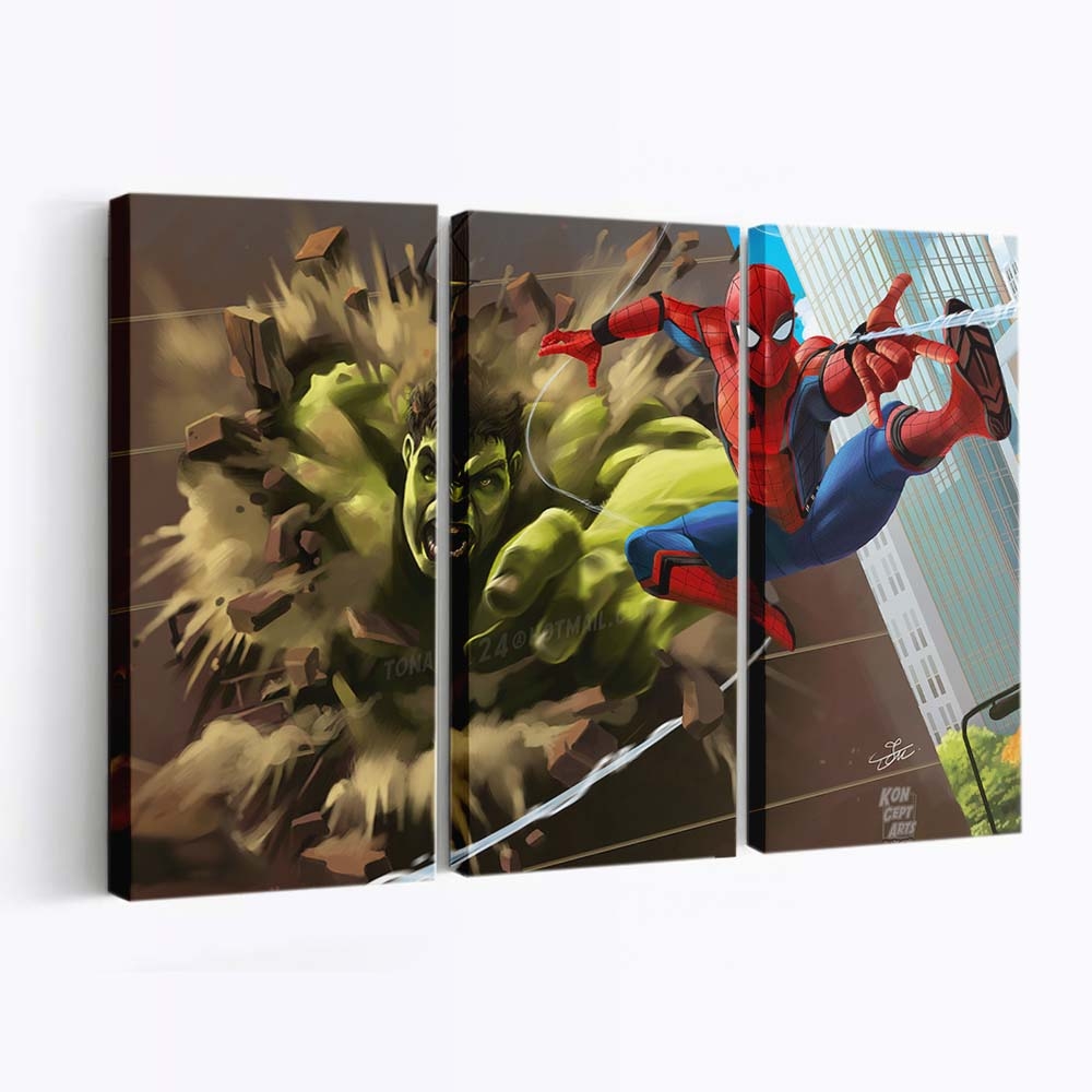 Hulk gegen Spiderman Leinwandbild Wanddeko