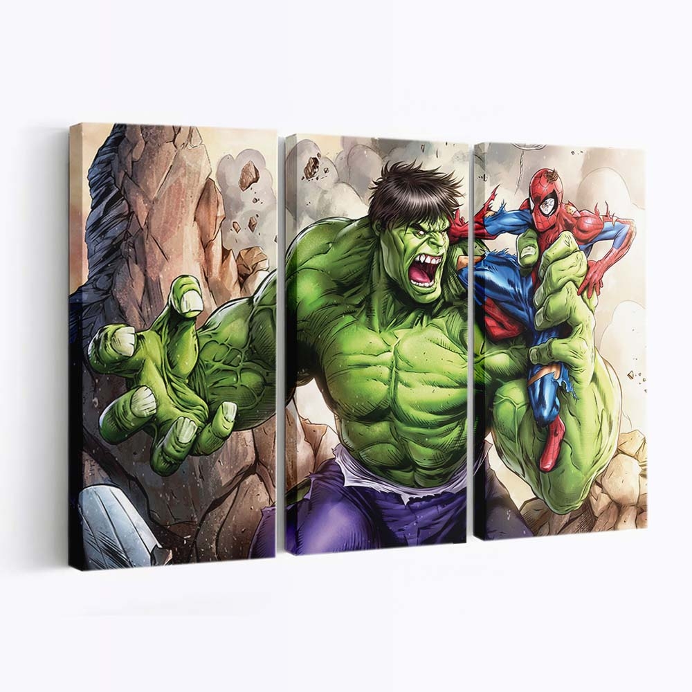 Hulk gegen Spiderman 2 Leinwandbild Wanddeko